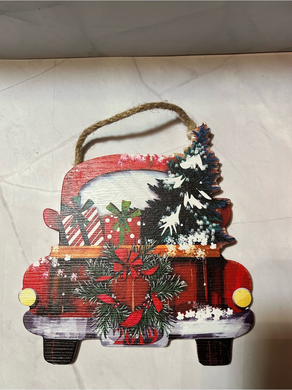 Holiday Red Truck Wood Hanging Ornament with Wreath and Tree